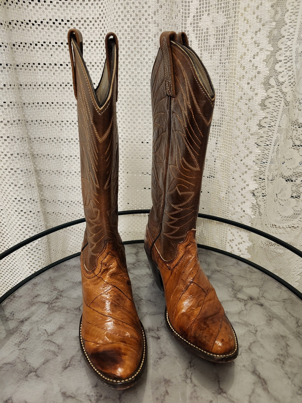 Dan Post Two-Tone Brown Leather Cowboy Boots Mens 5C Vintage Exotic